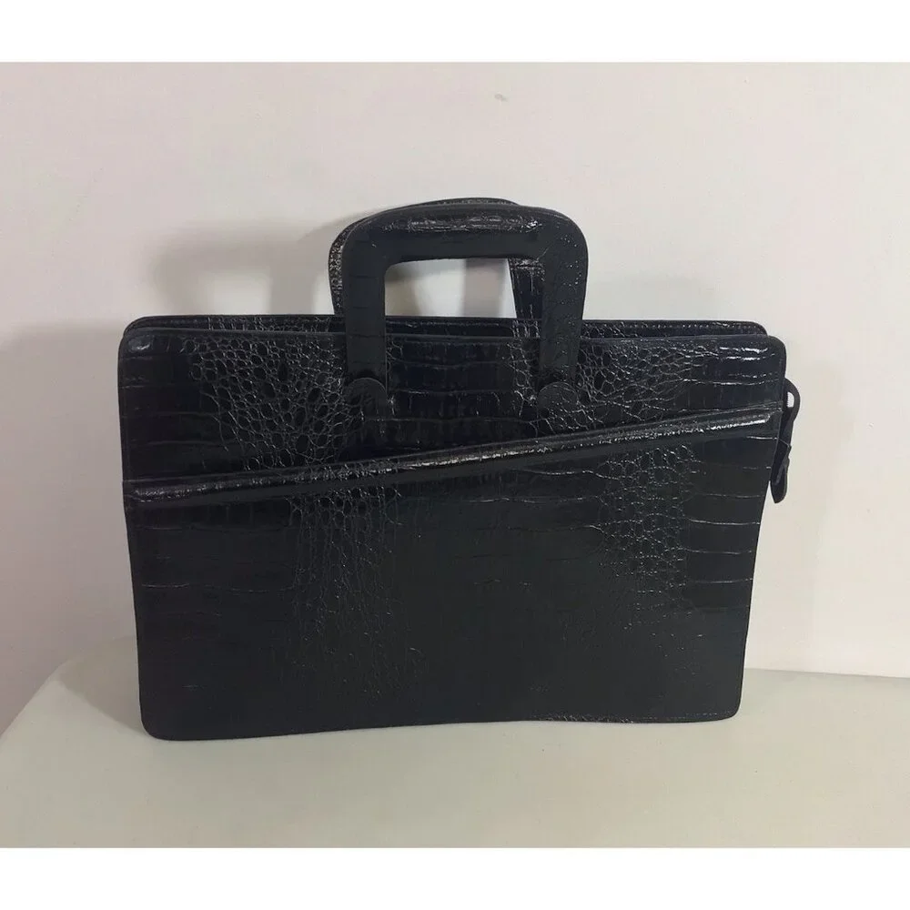 Vintage Croc Embossed Black Leather Laptop Bag Briefcase